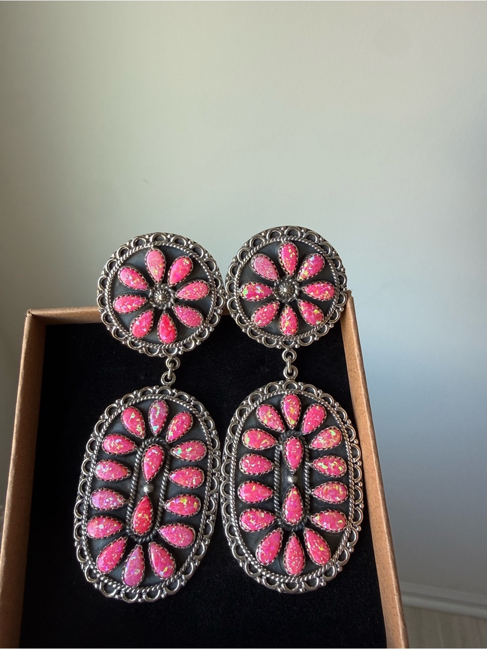 Krush Kandy Fiery Pink Opal Sterling Silver Concho Earrings Western Chic